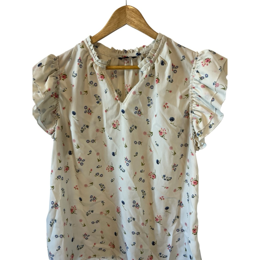 Women’s Blouse Printed Large Cream Flutter Short Sleeve Top Shirt L - Picture 2 of 8